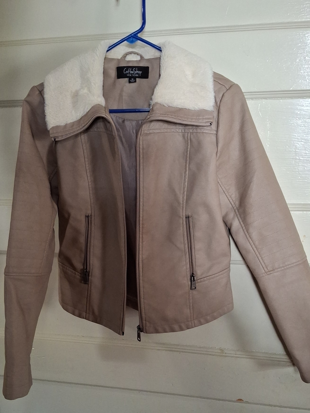 CoffeeShop Women's Taupe Faux Leather Jacket with White Sherpa Collar